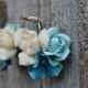Mint white flower earrings. Mint rose earrings