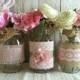 3 pink burlap and lace covered mason jar vases, wedding, bridal shower, baby shower