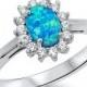 2.10 Carat Oval Cut Blue Fire Lab Australian Blue Opal WhiteTopaz CZ Solid 925 Sterling Silver Wedding Engagement Anniversary Halo Ring