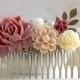 Large Maroon Ivory Light Latte Floral Hair Comb, Maroon Wedding Hair Accessory, Bridal Hair Comb, Red and Ivory Leaf Comb