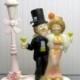 Vintage 70s HAPPY COUPLE toasting Wedding or Anniversary Cake TOPPER Plastic Figurine top hat and tails evening gown and boa lamp post