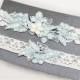 Light Blue Beaded Lace Wedding Garter Set , Keepsake Garter, Toss Garter, Customizable Handmade-GT029