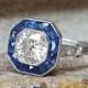 Vintage Antique Art Deco Old European Diamond and Sapphire Platinum Halo Target Engagement Ring