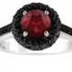 Red Garnet & Fancy Black Diamond Engagement Ring 14K White Gold 1.76 Carat Halo Pave Set HandMade Certified Unique