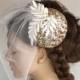 Bridal Hat Fascinator Gold Sequined Sparkle Birdcage Veil Applique Lace Modern Wedding Unusual Handmade. Unique Item.