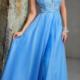 Scoop A-line Sleeveless Blue Ruched Crystals V-back Chiffon Floor Length