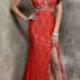Red Sheath Sweep V-neck Sleeveless Beads Split-front Open Back Lace