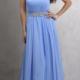 Blue A-line Strapless Sleeveless Beads Ruched Open Back Chiffon Floor Length