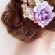 bridesmaid hairpiece, bridal hair clip, light purple hair accessories, lavender flower, lilac hair piece, wedding headpiece, gold, lace hair