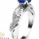 Natural Princess Sapphire Engagement Ring 14K White Gold Sapphire Ring Leaf Engagement Ring