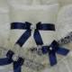 Wedding Garter And Ringbearer Set- Ivory And Navy Blue Garter And Ring Pillow