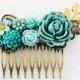 Teal Hair Comb Aqua Wedding Turquoise Seafoam Mint Gold Leaf Bridesmaids Gift Bridal Head Piece Floral Flower Comb Vintage Style Shabby Chic