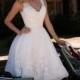 V-Neck Beaded Lace A-Line Tea Length Short Wedding Dress