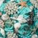 Bridal Brooch Bouquet. “Aqua Ash Breeze" Starfish, Seahorse Coral Turquoise Blue Beach Wedding Broach Bouquet, Ruby Blooms Wedding