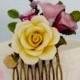 Yellow Rose comb, Purple Yellow green leaves Collage comb, Rustic, Country wedding, Bridesmaids gift, Bridal comb, Yellow wedding. TR5
