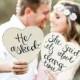 Engagement photo props-he asked, she said-or custom wording wooden hearts-hand lettered