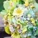 Brooch Bouquet - Vintage Jewelry, Heirloom, Keepsake Bouquet. Lime Green & Yellow Bouquet. Lace, enamel flowers, rhinestones, beads. Retro.