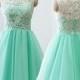 Modern Scoop A-line Short Mint Bridesmaid Dress With Lace