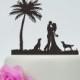 Groom And Bride Cake Topper with the dog,Wedding Cake Topper,Beach Cake Topper,Palm Tree Cake Topper,Personalized Cake Topper P144