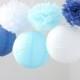 Set of 9 Mixed Royal Blue Aqua Blue White Tissue Paper Pom Poms and Paper Lantern Wedding Birthday Shower Party Centerpieces Hanging Decor