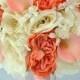 17 Piece Package Silk Flowers Wedding Bridal Party Bouquets Bride Bouquet Decoration Centerpieces CORAL PEACH IVORY "Lily of Angeles" COPE01