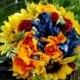 READY TO SHIP Wedding Bouquet, Sunflower Bridal Bouquet, Silk Wedding Flowers, Red Yellow Blue Bouquet, Vintage Wedding, Wedding Bride