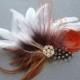 Orange Peacock Feather Hair Clip Bridal Fascinator with Rhinestone Jewel comb - Ready to Ship