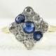 Art Deco Diamond & Sapphire Square Engagement Ring. Panel Triple Row Blue Sapphire and Old European Cut Diamond Ring, 18 Carat Platinum.
