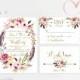Floral Wreath Wedding Invitation Boho Chic Wedding Suite Bohemian Feather Wedding Invite Gold Foil Typography Spring / Summer Wedding