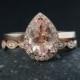 Pink Teardrop Morganite Engagement Ring – Double Leaf Milgrain Diamond Wedding Band