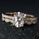 Rose Gold Oval Moissanite Engagement Ring & Milgrain Wedding Band Set - Forever Brilliant Moissanite