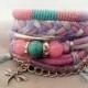 Layering Bracelets Pink and Turquoise, Gypsy Bracelet Set Bohemian Style, Hippie Jewelry, T-shirt Yarn Bracelet Dragonfly Charm