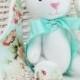 Baby gift girl, handmade white ivory bunny for girl, floral mint ears, nursery baby girl ORGANIC stuffed animal