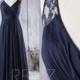 2016 Navy Blue Bridesmaid Dress Long, V Neck Wedding Dress, Lace Hollow Back Prom Dress, Chiffon Evening Gown Floor Length (J048)