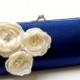 Bridesmaid Clutch Navy Blue Bridal Clutch - Ivory Flower Blossoms with Rhinestones - Kisslock Snap Bouquet Clutch -