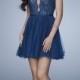 Beautiful Midnight Blue Plunging V Scalloped Neck Lace Beaded Party Dress