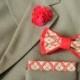 Red EMBROIDERED bow tie and matching pocket square Pretied bow tie Pre folded pocket square rectangular pocket square Red necktie Men Boys