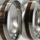 Wedding Ring Set - Titanium ring with 14K Gold pinstripe with Bocote wood AND Titanium ring with 14K Gold pinstripe with Amboyna wood