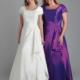 Ruched Satin Short Sleeves Square White Purple Floor Length