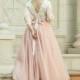 Pink wedding dress, tulle wedding dress, long sleeves wedding gown, wedding gown, romantic tulle gown, lace wedding dress