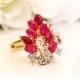 Italian Gold Diamond & Ruby Waterfall Ring 0.45dtw Diamond Wedding Ring 14K Gold Diamond Cluster Cocktail Ring Size 7