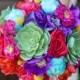 Wedding Mix Succulent Bouquet - Fuchsia, Red, Purple, Blue and Yellow Silk Roses, Hydrangeas and Peonies Bridal Bouquet
