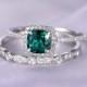 2pcs Wedding Ring Set,Emerald Engagement ring,14k White gold,Halo diamond Matching Band,6mm Cushion,Personalized for her/him,Custom ring
