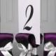 Table Number Holders - Wedding Decor - Ten (10) with Eggplant and White Satin Ribbon - Customize Your Colors