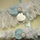 Blue Wedding Garter Set, Personalized Garters in White or Ivory Venise Lace, with Handmade Roses, Pearls, Rhinestones, and Engraving