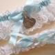 Something Blue Wedding Garter Set, Personalized Bridal Garters in White Venise Lace with Engraving and Rhinestones