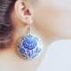 Round Blue Earrings of wood with hand painted Jewelry Handmade Wedding Earrings Gift Idea for her Blue and white Expressive Jewelry Folklore