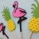 Flamingo and Pineapple Cupcake Toppers set of 12 - Pool Party Birthday Decorations -Party Like a Pineapple Bridal Shower Drink or Food Picks
