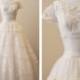 Vintage 1950s Silk Organza Wedding dress with lace applique detail and bias binding stripes