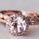 Round Morganite Diamond, Halo Engagement Ring, Rose Gold Art Deco, Wedding set,  Morganite Wedding set, Diamond, Rose Gold, Halo Diamond